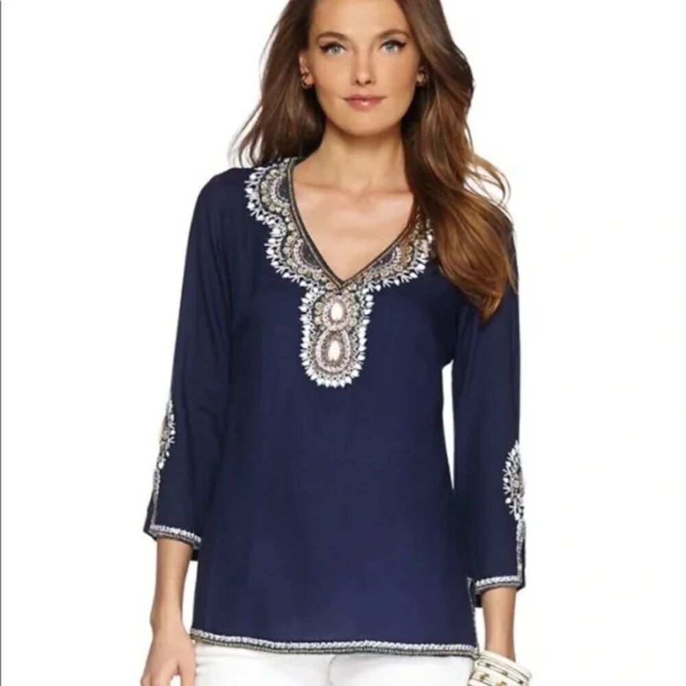 Lilly Pulitzer Braydon Beaded Tunic Women's M Blue Embellished Blouse Boho Flaws
